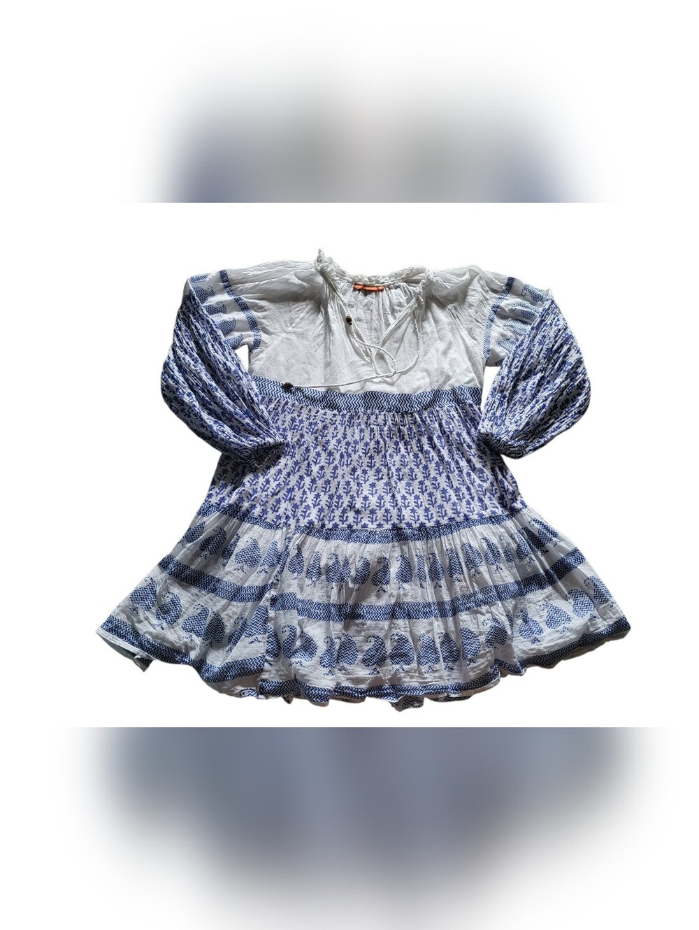 Oliphant Dress Women Size M Ballon Sleeve Short Dress Blue And White Lined Boho